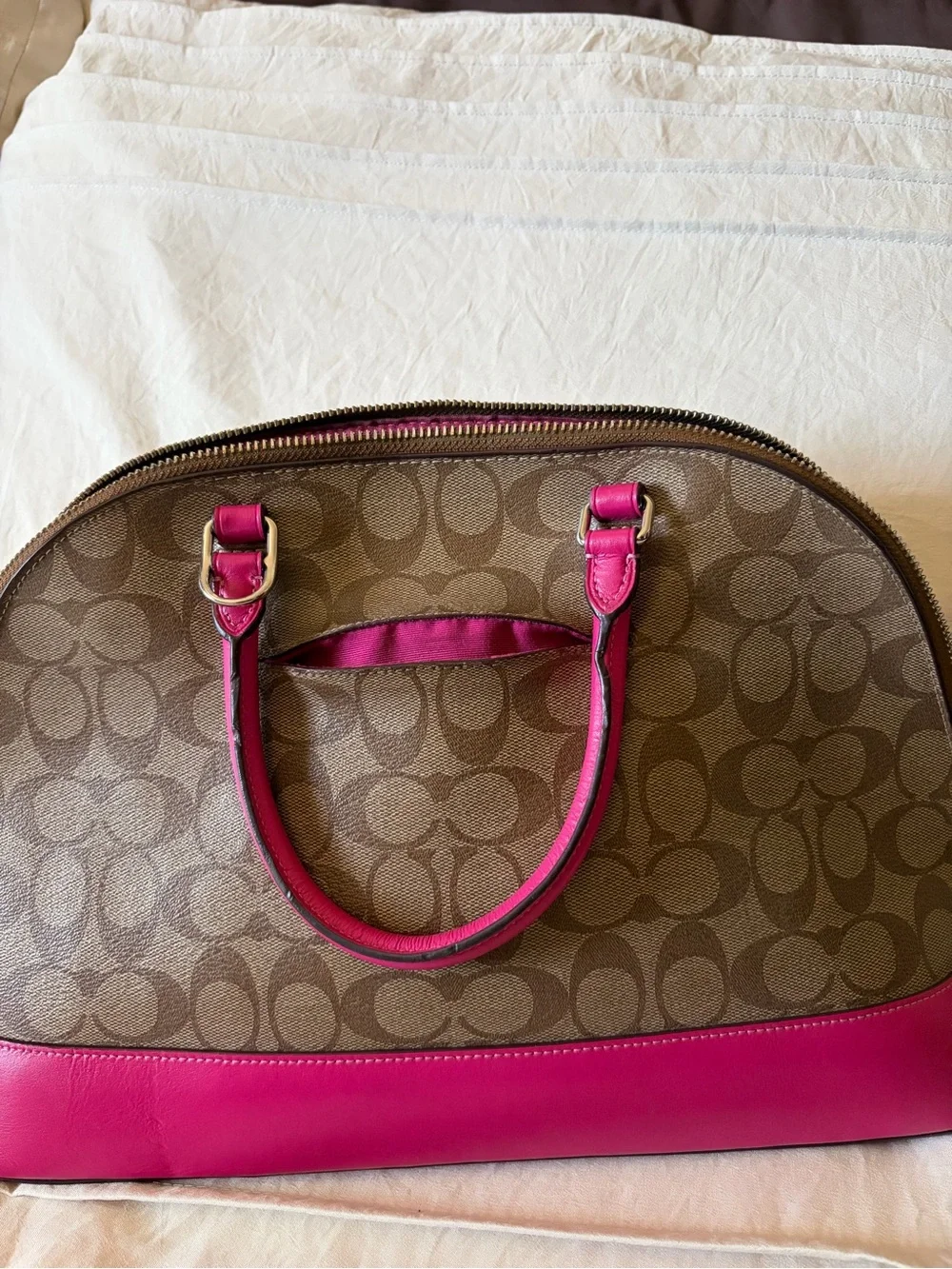 Coach Sierra Signature Dome Satchel with Pink Trim